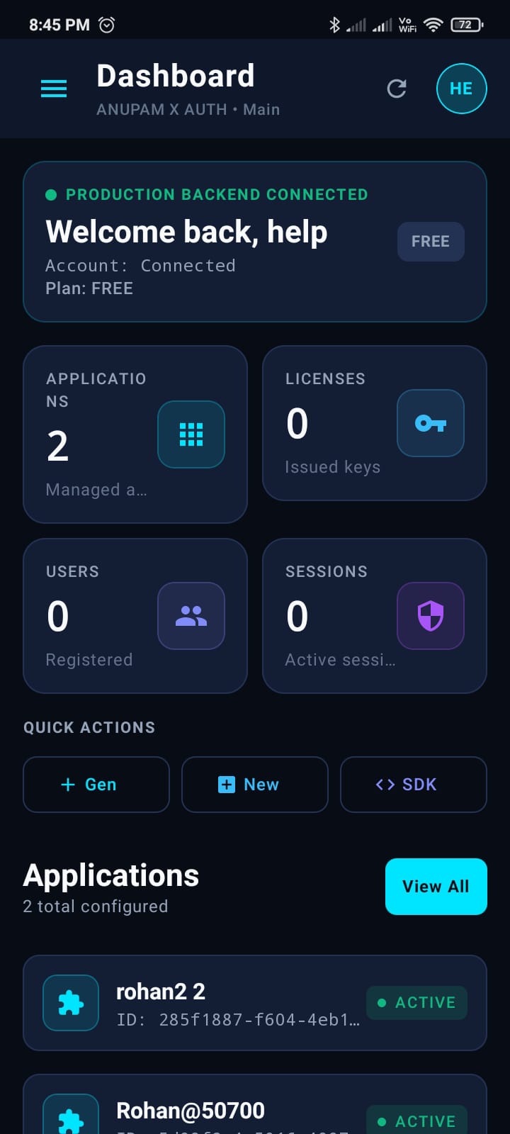 ANUPAM X AUTH Android — Dashboard